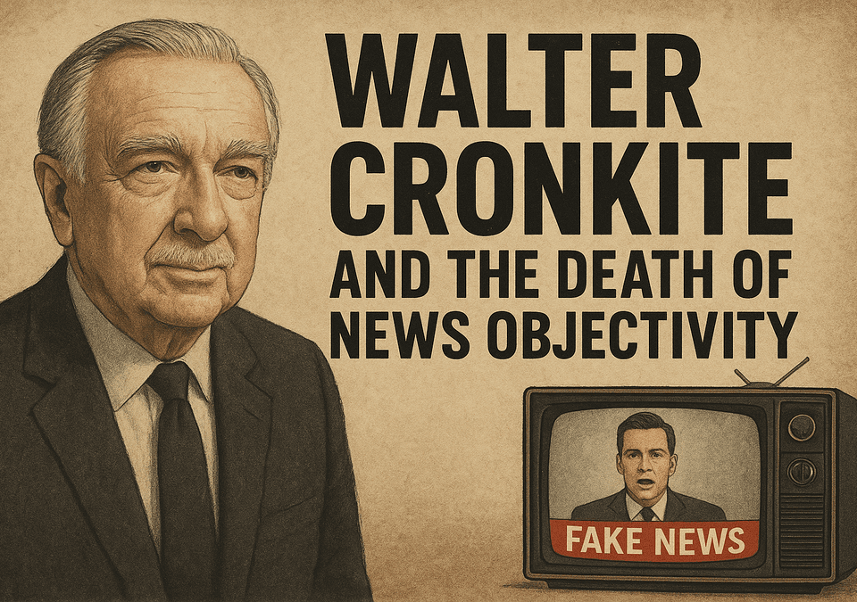 Portrait of Walter Cronkite with vintage TV showing “Fake News,” symbolizing the decline of journalism objectivity.