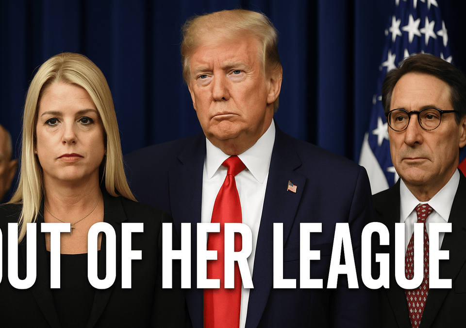Pam Bondi stands beside Donald Trump and a senior attorney, appearing out of place