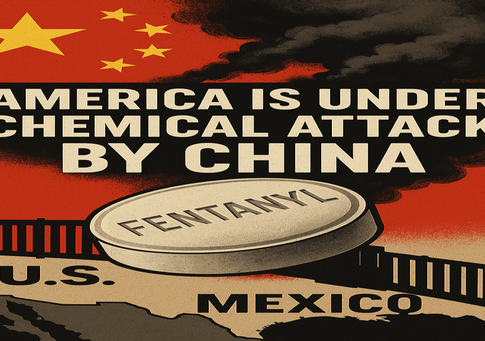 Illustration showing America's fentanyl crisis with China and Mexican cartel involvement, symbolizing a chemical attack.