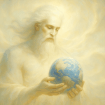 God gazing thoughtfully at Earth in a golden sky