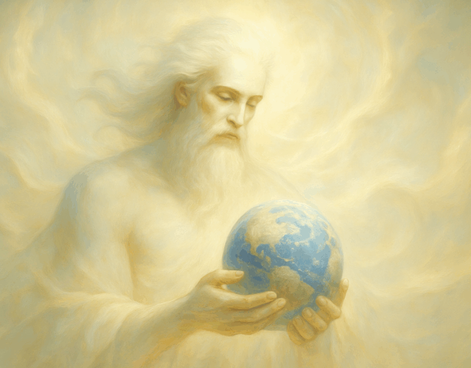 God gazing thoughtfully at Earth in a golden sky
