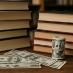 Stacks of hardcover books with bundles of hundred-dollar bills on a wooden desk