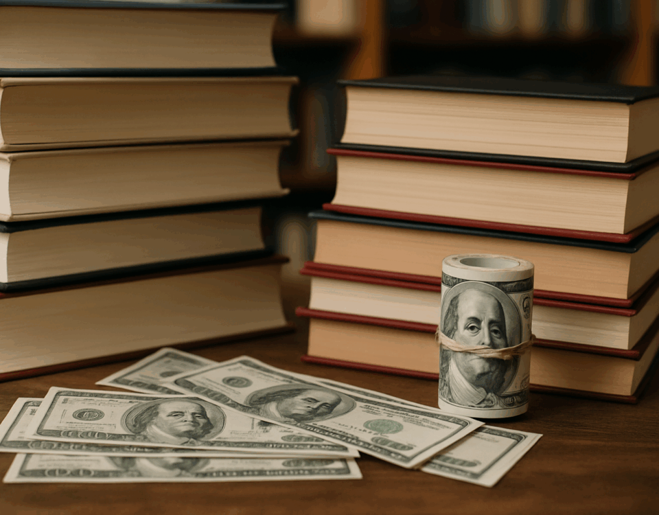 Stacks of hardcover books with bundles of hundred-dollar bills on a wooden desk