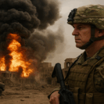 American soldier in full gear with rifle amid destruction and smoke, Iranian flag waving in background