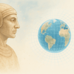 Ancient astronaut figure facing a digital Earth encased in a simulation grid, symbolizing ancient alien theory meets simulation theory.