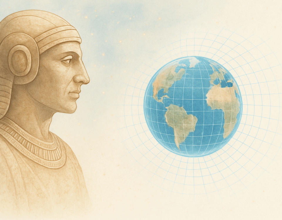 Ancient astronaut figure facing a digital Earth encased in a simulation grid, symbolizing ancient alien theory meets simulation theory.
