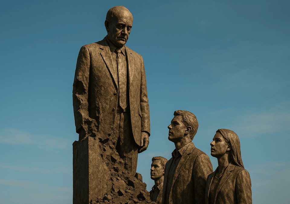 - Crumbling monument casting long shadow with rising younger figures - Image Title: Symbolic Baby Boomer Legacy Monument - Image Description: A metaphorical statue crumbles in the foreground while younger generations rise behind it, symbolizing the generational shift from destruction to renewal. This balances clarity for search engines with evocative language that resonates with your theme. Let me know if you want help embedding it in WordPress or optimizing further for featured snippets or Pinterest sharing.