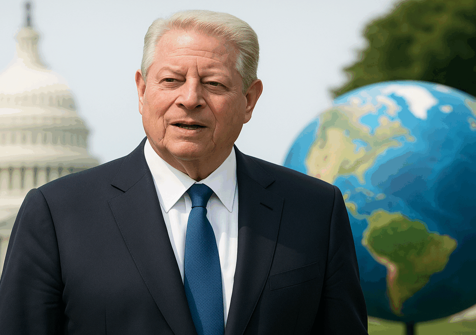 Al Gore standing in front of the U.S. Capitol with a globe in the background symbolizing leadership and climate awareness