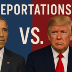 Graphic of Obama and Trump with the word "Deportations" above and a "VS" between them