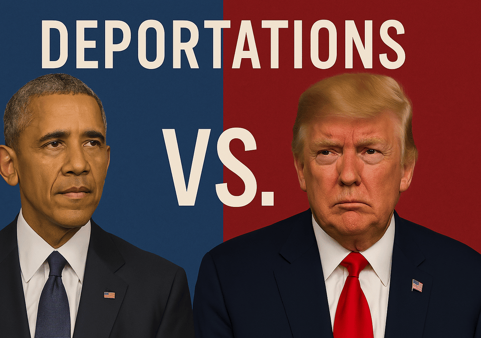 Graphic of Obama and Trump with the word "Deportations" above and a "VS" between them