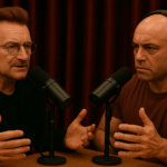 Bono and Joe Rogan in a podcast discussion at a studio table