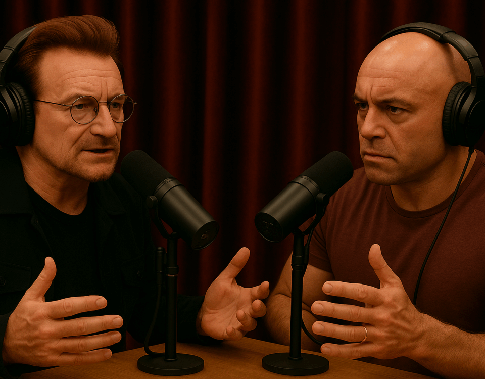 Bono and Joe Rogan in a podcast discussion at a studio table