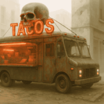 A taco truck parked on a busy street corner, symbolizing the debate over immigration and cultural identity in America.
