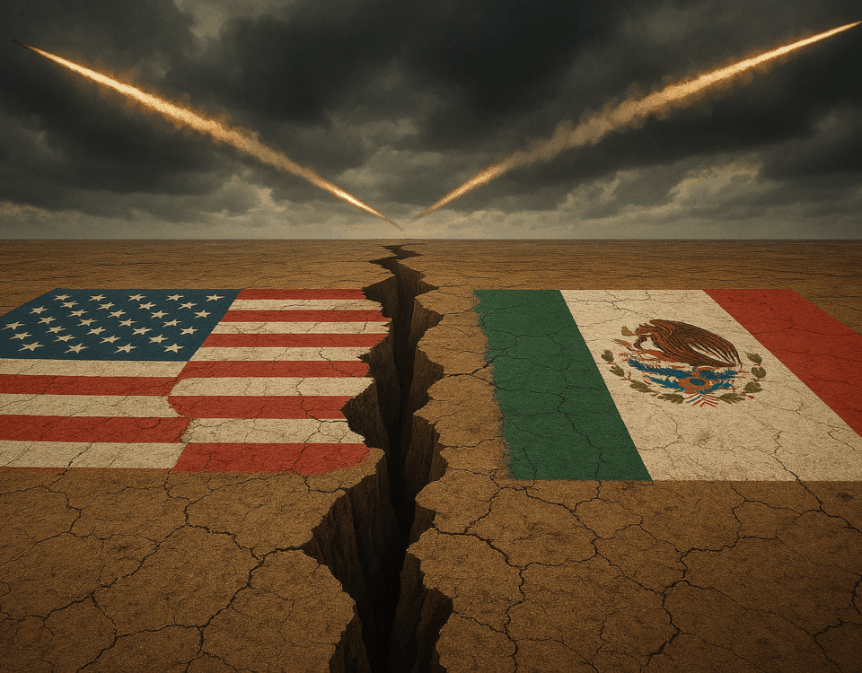 A cracked ground forming a border between the U.S. and Mexico, with a stormy sky and crisscrossing rockets overhead.