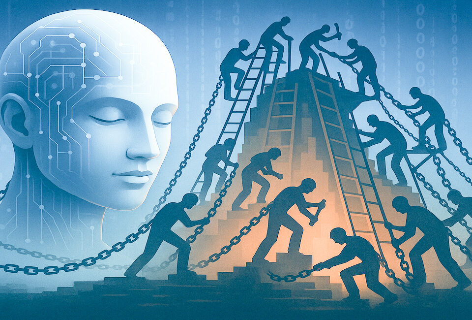 Humans chained and laboring to build a giant AI figure representing technological enslavement