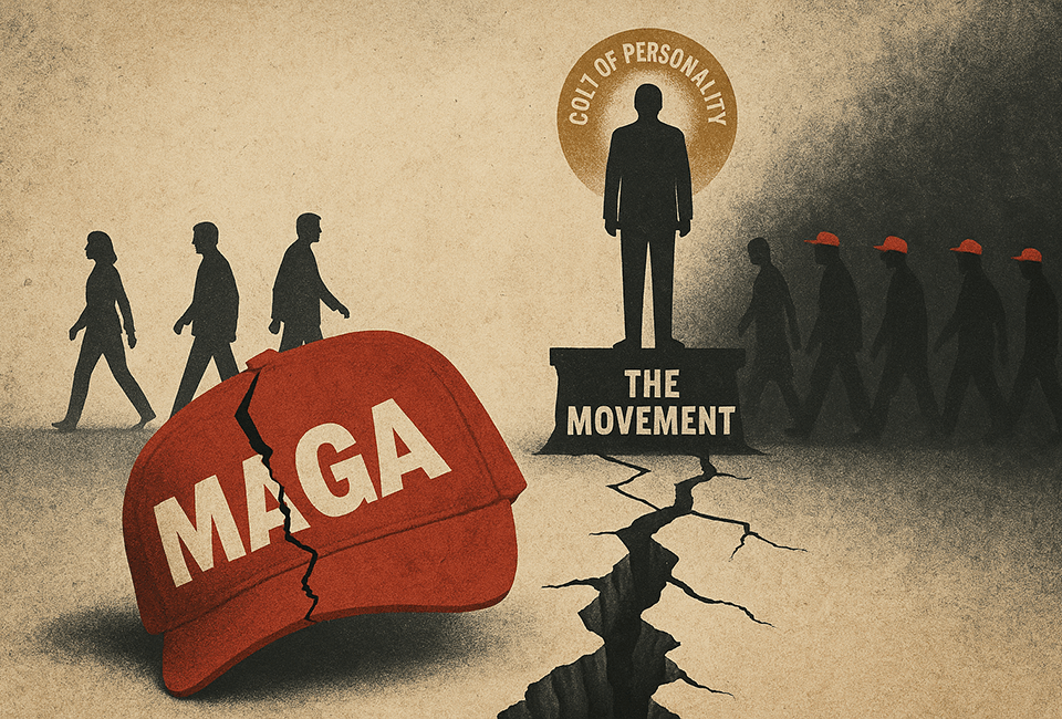 Symbolic illustration of a cracked MAGA hat, a lone figure atop a crumbling pedestal labeled “The Movement,” with fractured groups walking in opposite directions.