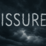 A dramatic image of the word "FISSURE" formed by skywriting in a storm-filled sky, with a small airplane trailing smoke in the background. Trump problem