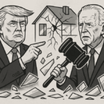 Trump and Biden arguing in front of a shattering glass house