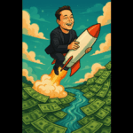 Elon Musk riding a rocket above a river of money in cartoon style