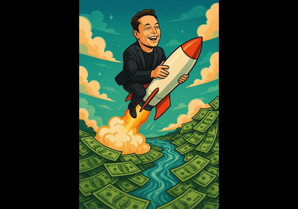 Elon Musk riding a rocket above a river of money in cartoon style