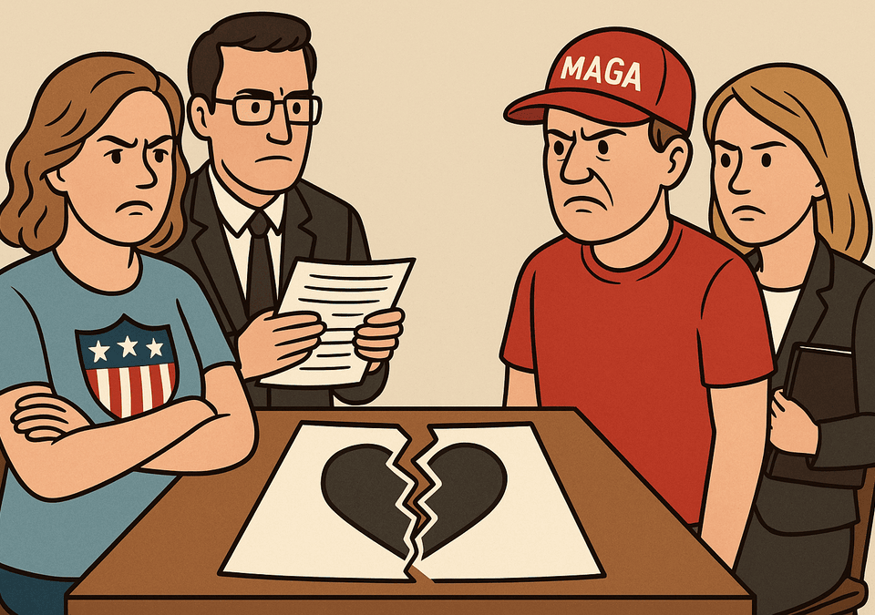 Cartoon of MAGA and America First factions divorcing over political differences