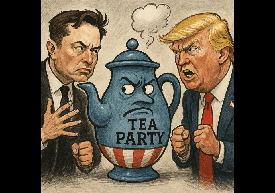 Political cartoon of Elon Musk and Donald Trump clashing over the Tea Party