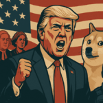 Illustration of Donald Trump with clenched fist, Doge meme, ICE agent, and leftist figures against American flag backdrop