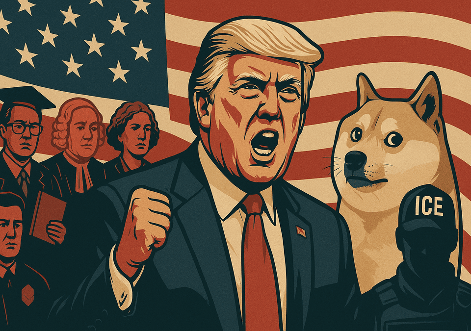 Illustration of Donald Trump with clenched fist, Doge meme, ICE agent, and leftist figures against American flag backdrop