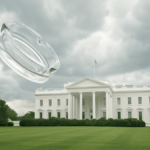 Glass ashtray flying toward the White House under stormy skies