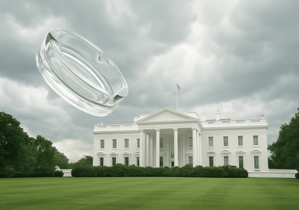 Glass ashtray flying toward the White House under stormy skies