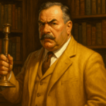 Colonel Mustard holding candlestick in the library