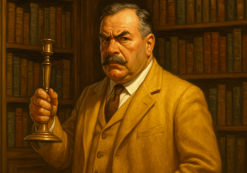 Colonel Mustard holding candlestick in the library