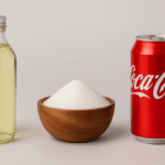 Glass bottle of high-fructose corn syrup, wooden bowl of cane sugar, and Coca-Cola can on neutral background