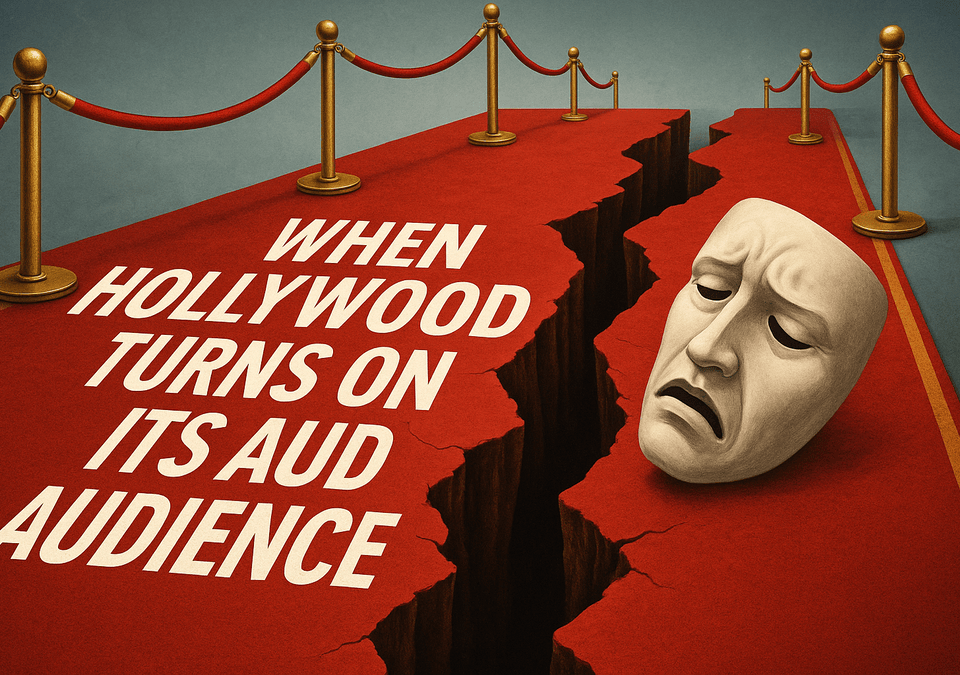 Split red carpet with a fallen theater mask showing Hollywood turning on its audience