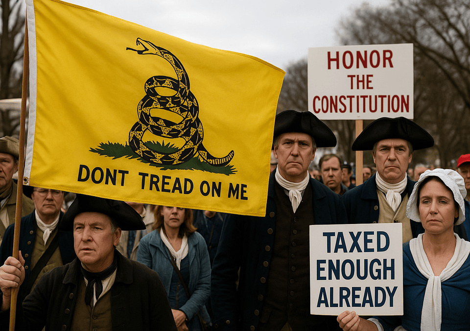 Tea Party reenactors holding "Don't Tread on Me" flag and protest signs
