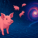 Pink pigs exploring a glowing digital grid leading into a cosmic spiral multiverse.