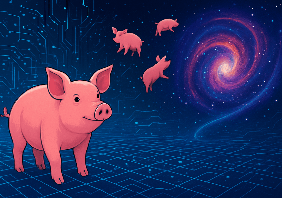 Pink pigs exploring a glowing digital grid leading into a cosmic spiral multiverse.