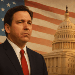 Ron DeSantis America First populism with U.S. Capitol and American flag