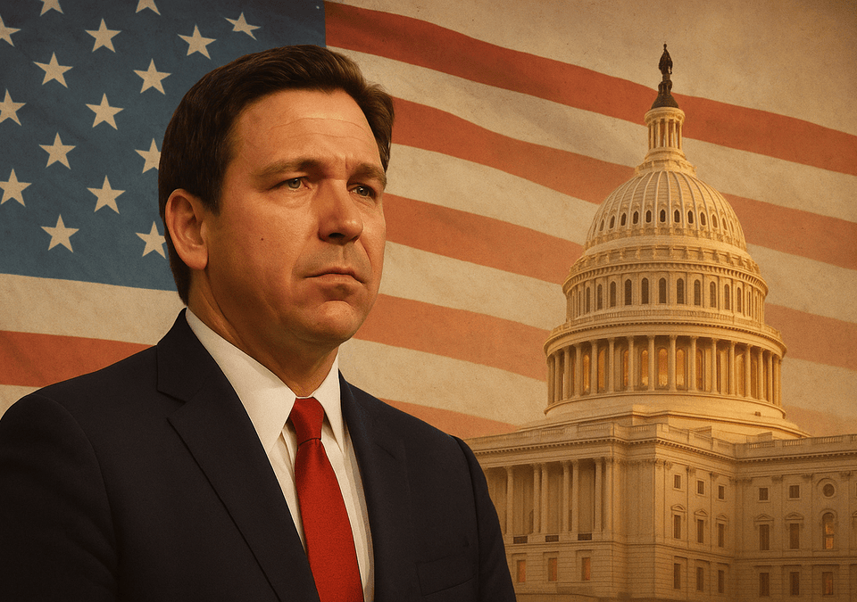 Ron DeSantis America First populism with U.S. Capitol and American flag