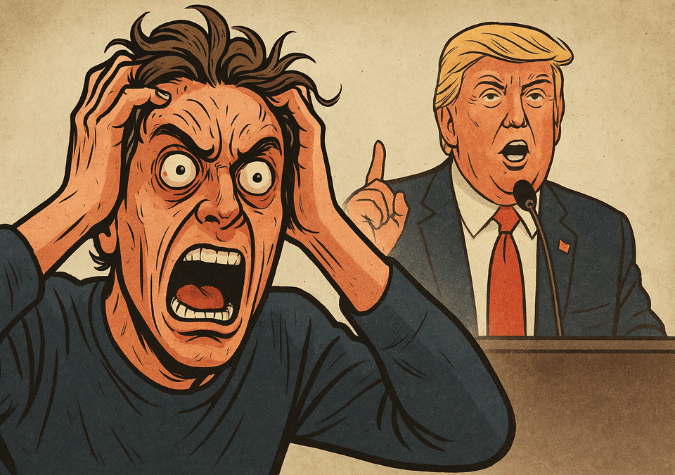 Cartoon depiction of extreme emotional reaction to Donald Trump speech