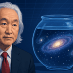 Michio Kaku beside a fishbowl containing a galaxy, symbolizing simulation theory