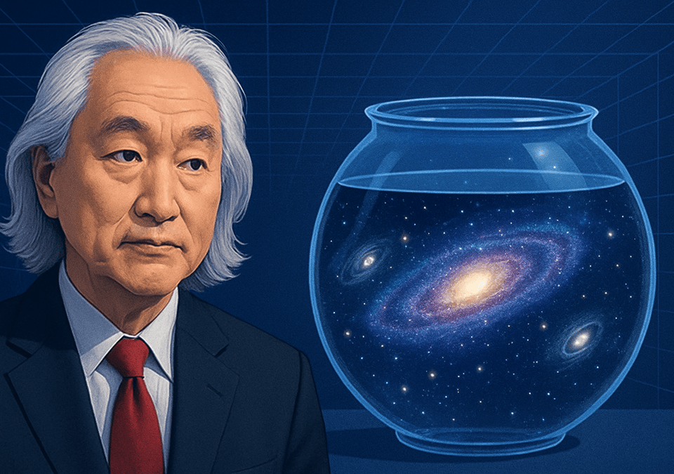 Michio Kaku beside a fishbowl containing a galaxy, symbolizing simulation theory