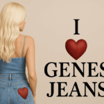 Back view of a platinum blonde woman in denim outfit with heart-shaped detail on jeans, beside the words "I Love Genes Jeans"