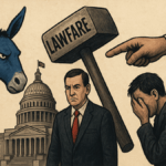 Illustration of Democrats facing lawfare and political consequences in front of the U.S. Capitol.