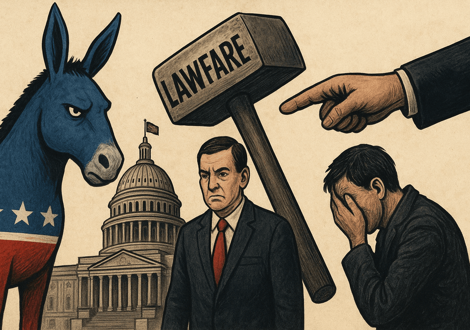 Illustration of Democrats facing lawfare and political consequences in front of the U.S. Capitol.