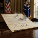 A presidential executive order with the signature fading away on a desk.