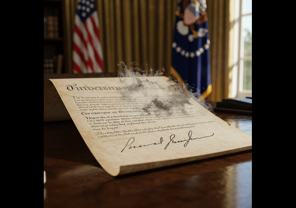 A presidential executive order with the signature fading away on a desk.