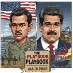 A political cartoon illustrating the historical parallels between the U.S. intervention in Panama and its foreign policy in Venezuela, with a banner that reads "The Playbook" and "War on Drugs."