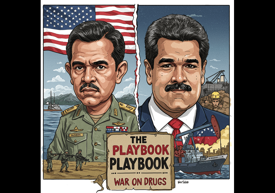 A political cartoon illustrating the historical parallels between the U.S. intervention in Panama and its foreign policy in Venezuela, with a banner that reads "The Playbook" and "War on Drugs."