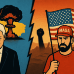 Illustration of Bill Clinton with Ukraine nuclear backdrop and MAGA supporter holding U.S. flag, symbolizing broken promises and foreign policy divide